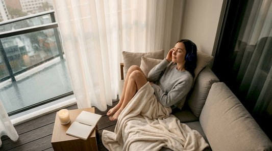 Mujer disfrutando de un momento de calma, escuchando el sonido de la lluvia con sus auriculares