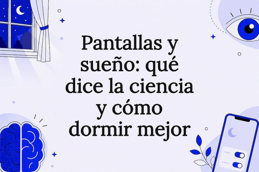 Tarjeta decorativa científica sobre el sueño y el tiempo frente a pantallas